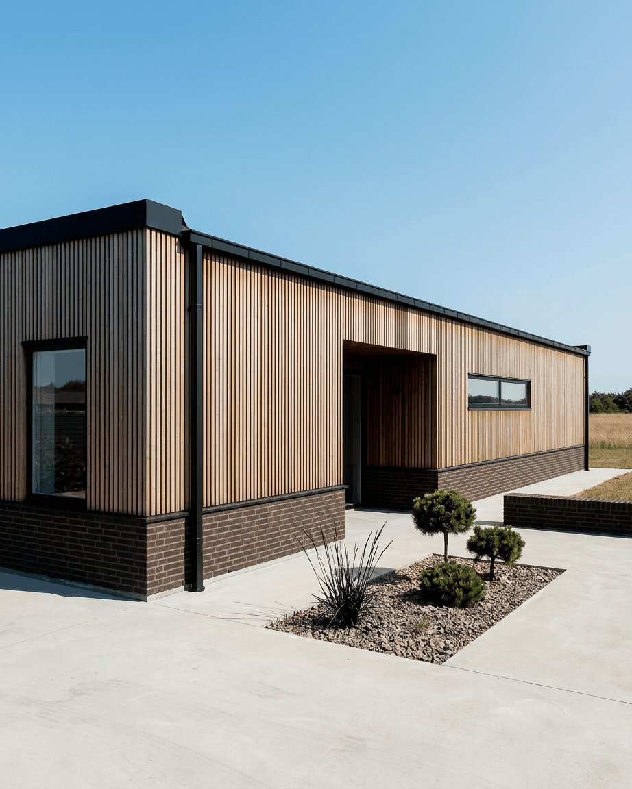 Gelijkvloerse woning met WoodUpp Aluwood gevelpanelen in brown Thermowood, een donkere bakstenen basis, large ramen en minimale beplanting.